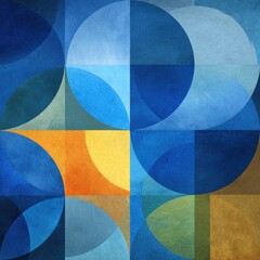 Fototapeta premium Abstract geometric pattern with layered circles and squares in shades of blue, orange, and earth tones