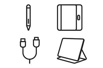 Outline Icons Set of Tablet Accessories. Stylus Pen, Tablet Protective Case, Charging Cable, Tablet Stand. Modern Minimalist Vector Illustration. Tech Device Essentials, Accessories Collection.