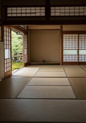 Serene interior vista of a traditional Japanese room with garden access and tatami flooring