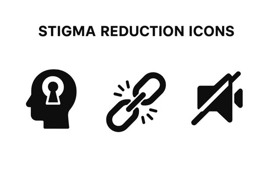 Stigma Reduction Icons Set. Mental Health Awareness, Open Mind Keyhole, Breaking Chains of Stigma, Silence Removal Concept, Overcoming Mental Barriers, Solid Vector Illustration Isolated