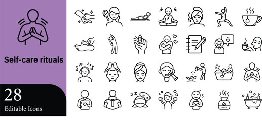 Collection of 28 clean outline style self care rituals and wellness icon set representing various relaxation and mindful activities and lifestyle.