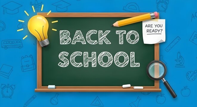 Back to school text on green chalkboard. Education concept with light bulb, pencil and magnifying glass.