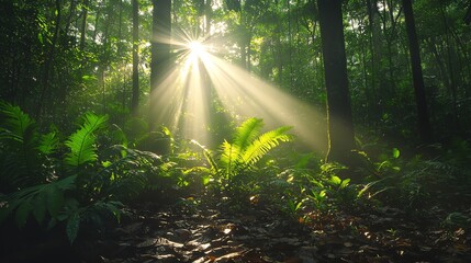 Sunlight Filtering Through Dense Green Forest with Bright Rays and Lush Underbrush