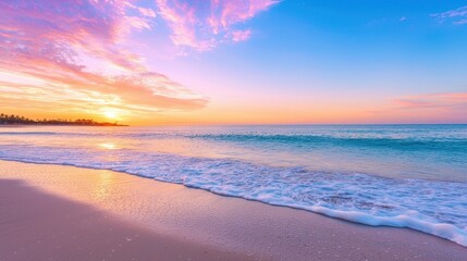 Fototapeta premium Vibrant and colorful waves gently lapping at the beach, under the golden glow of early morning light.
