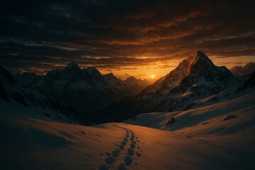 Naklejka premium Glowing sunset behind majestic snow-covered mountains, dramatic sky, snowy foreground with trail, concept of journey and exploration