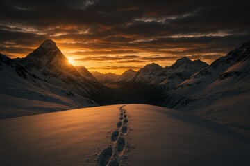 Naklejka premium Footprints lead across a snow-covered mountain ridge at sunset, captured in a realistic photographic style with dramatic clouded sky