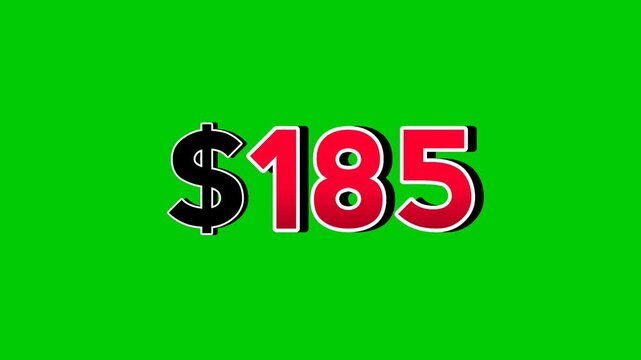 Animation number $185 dollar sign motion graphics with smoke effect green screen background vibrant red numbers. Video 3D effect with shadows for video elements business concept