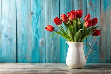 Vibrant red tulips in a white pitcher against a rustic blue wooden background