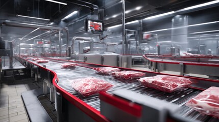 Automated food processing plant featuring packaged meat items on a conveyor system.