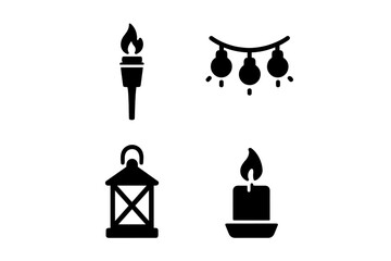 Poolside Lighting Vector Icons Set. Solid Black Silhouette Tiki Torch, String Fairy Lights, Lantern, Candle. Outdoor Party, Summer Night, Patio, Backyard, Decorative Landscape Illumination Clipart