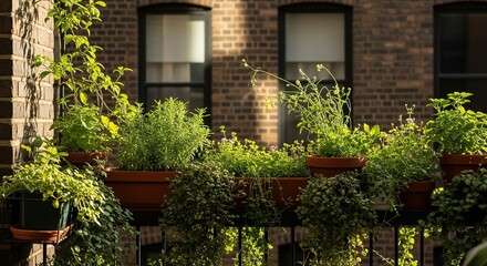 Fototapeta premium Urban balcony with potted plants and greenery against a brick building facade.