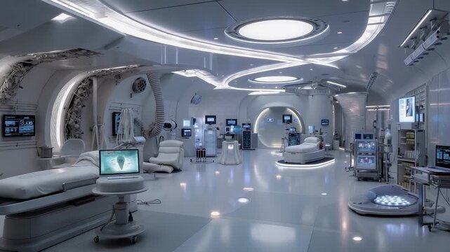 A futuristic hospital room with a lot of beds and monitors