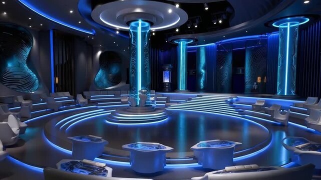 A large room with a circular stage set up for a show