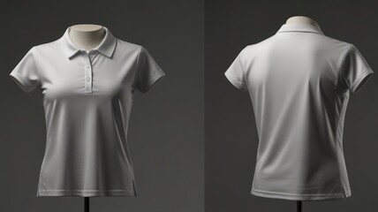 Two views of a white polo shirt displayed on a mannequin, showing the front and back of the garment.