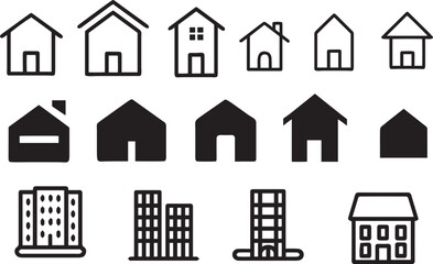  Home icon set, House symbol. Set of real estate objects and houses black icons isolated on white background. Vector illustration