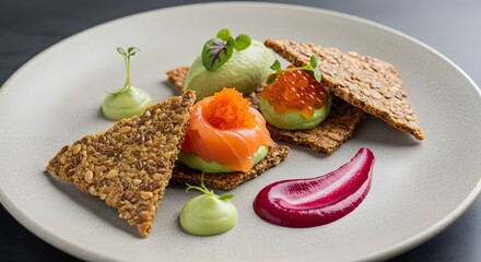 Elegant Salmon and Ikura Appetizer with Seed Crackers, Avocado Mousse, and Microgreens on a Plate