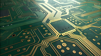 Green and gold circuit board close up technology electronics