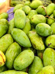 Lush green mangoes, glistening with moisture, piled high.