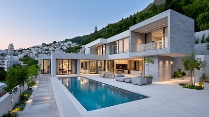 Fototapeta premium Modern Luxury Prairie Style Home with Concrete and Stone Design Near Pool