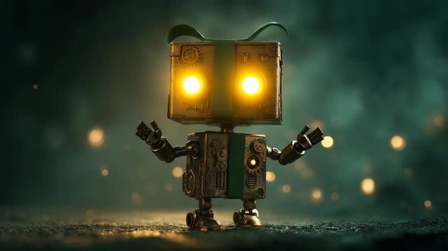 Cute steampunk robot gift box with green ribbon symbolizing surprise on dark bokeh background with space for text.