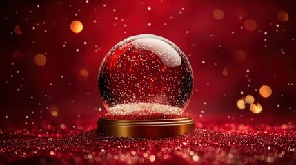 Empty Christmas snow globe on vibrant red background with sparkling light effects. Festive holiday illustration symbolizing winter magic and seasonal decoration