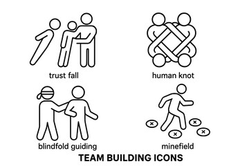 Team building activity outline icon set. Trust fall, human knot, blindfold guiding, minefield. Group cooperation, teamwork, leadership, corporate training, communication, vector illustration isolated