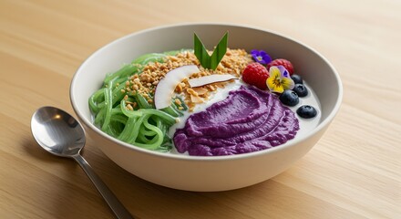 Vibrant Asian Dessert Bowl with Green Cendol, Purple Ube, Berries, and Toasted Nuts