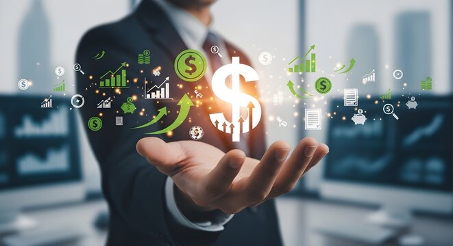 Businessman presenting glowing dollar sign with financial growth icons.