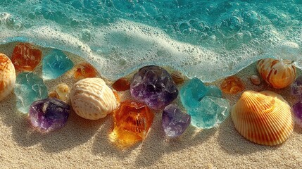 Seashore gems. Foamy wave crests over colorful gems and seashells on sandy beach