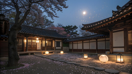 Korean Hanok courtyard at night with moon and lanterns