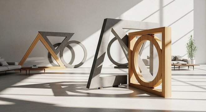 Geometric wooden shapes triangle circle x square on floor in bright room.