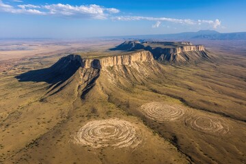 Aerial view of a high plateau, featuring ancient circular rock formations, arid landscape and a vibrant blue sky