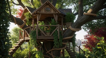 Treehouse nestled in a large tree with green foliage around it.