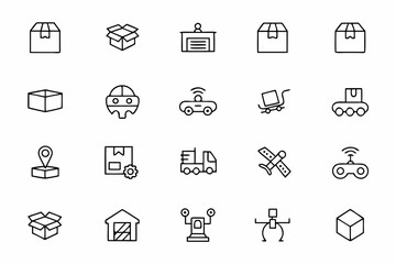 A dynamic and minimal line art set capturing storage, logistics, and fulfillment centers in motion. Great for branding, packaging designs, and digital dashboards.