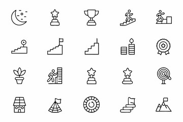 Fototapeta premium A modern line vector bundle expressing stages of achievement and clarity through symbolic steps and stairs. Designed for posters, planners, and digital apps.