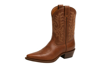 Classic Brown Leather Cowboy Boot with Intricate Stitching and Pointed Toe, Isolated on Black