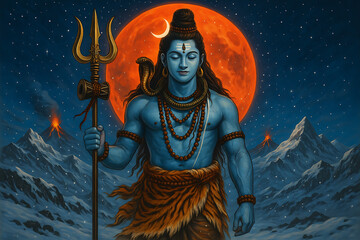 Hindu God Shiva with a Trident and Snake, with a Crescent Moon in His Hair.