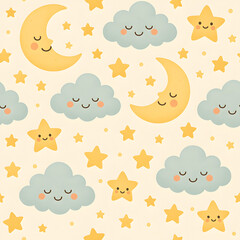 e moon, stars and clouds seamless pattern for baby night sky decor.