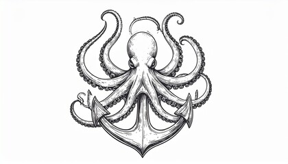Monochrome illustration of a giant octopus holding a heavy marine anchor. A vintage nautical symbol of the deep sea. © Satrio