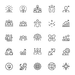 Business and team management line icon set. Collection of simple vector graphic elements for web design. Teamwork, leadership, coaching, training, project management icons. Editable stroke.