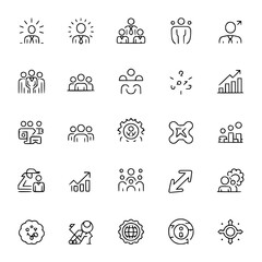 Business management line icon collection: teamwork, leadership, growth, collaboration, strategy. Vector set of thin line icons featuring people, graphs, charts, gears, lightbulbs, global network symbo
