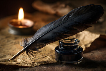 Black Feather With Inkwell And Candle On Aged Parchment Background