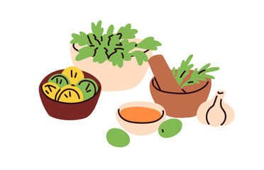 Herbs, leaf greens, natural fresh ingredients for salad dressing. Healthy vitamin seasonings, condiments, aromatic spices, leaves, garlic. Flat vector illustration isolated on white background