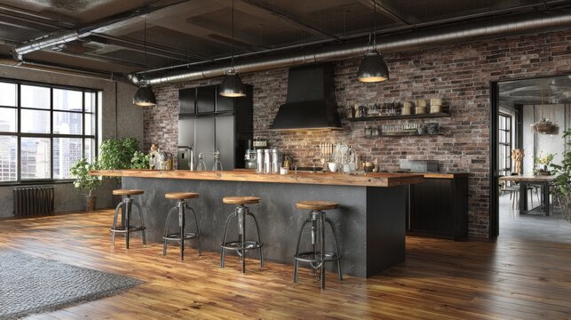Modern industrial kitchen design with wooden bar and stylish stools in urban loft setting featuring exposed brick wall and large windows