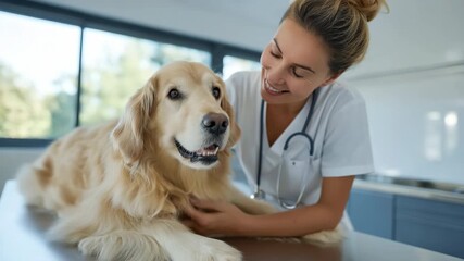 A woman is petting a dog in a veterinary clinic. The dog is a golden retriever