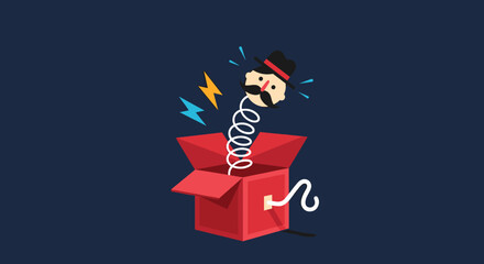Whimsical jack in the box surprise toy character with energetic pops and sparks illustration