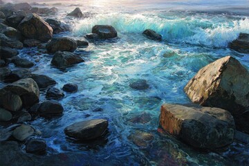 Obraz premium Coastal scene with rocks and turquoise waves at sunrise