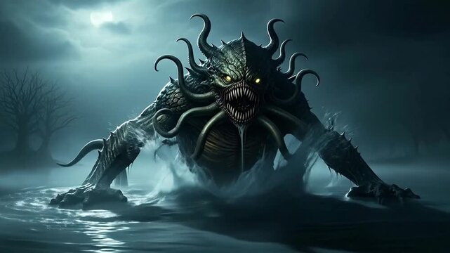 Menacing Tentacled Aquatic Monster Emerging from Dark Water Under Eerie Moonlight, Fantasy Horror Creature with Glowing Eyes and Reptilian Scales