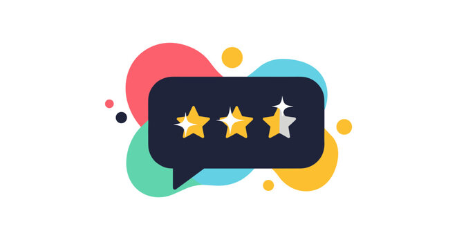 Customer feedback and review analysis with star ratings and speech bubble icon