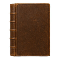 Antique leather-bound book with raised spine bands, showcasing a rich brown textured cover and classic binding.